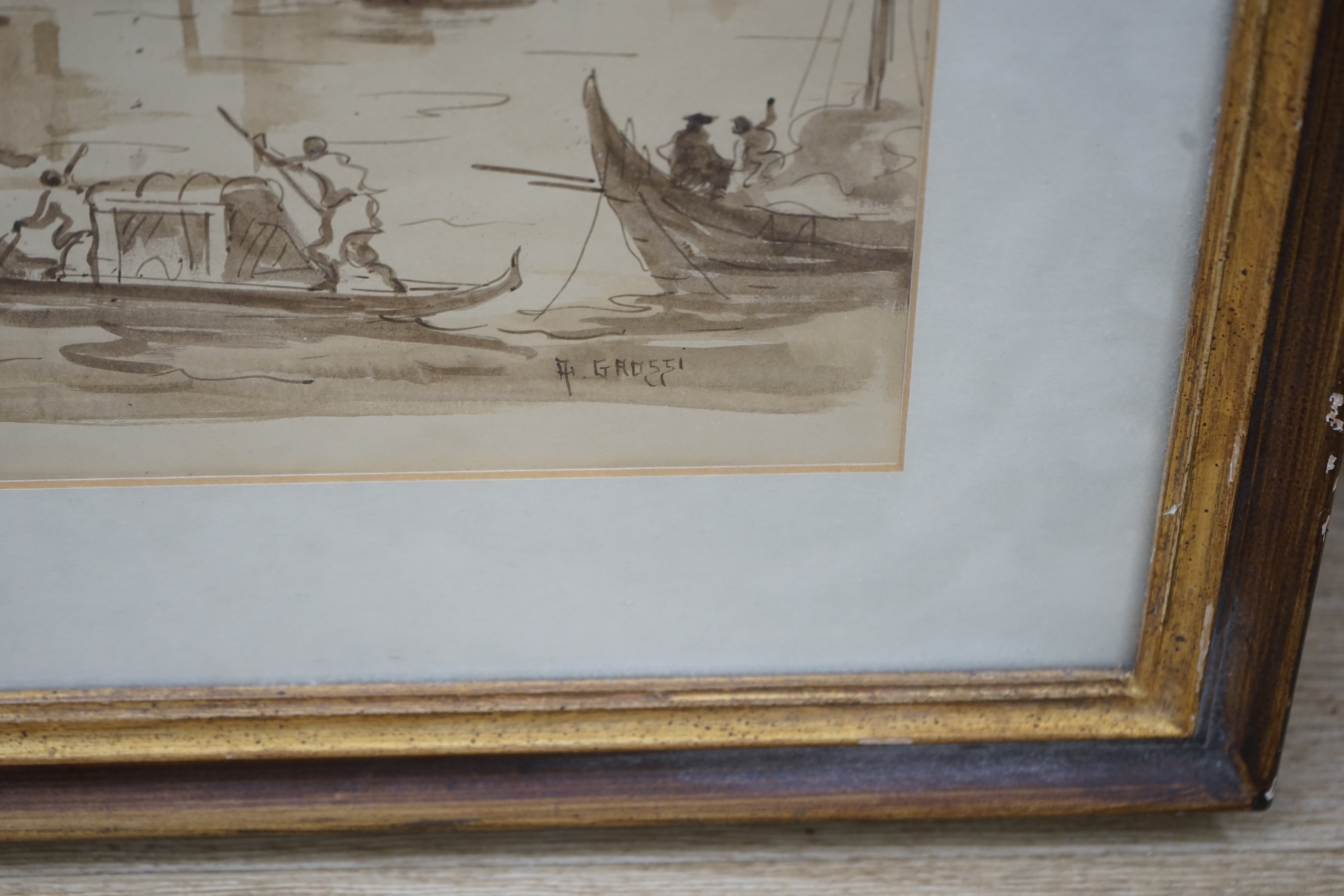 A. Grossi (Italian), Old master style sepia ink and wash, Venetian scene with gondolas, signed, 29 x 38cm. Condition - fair